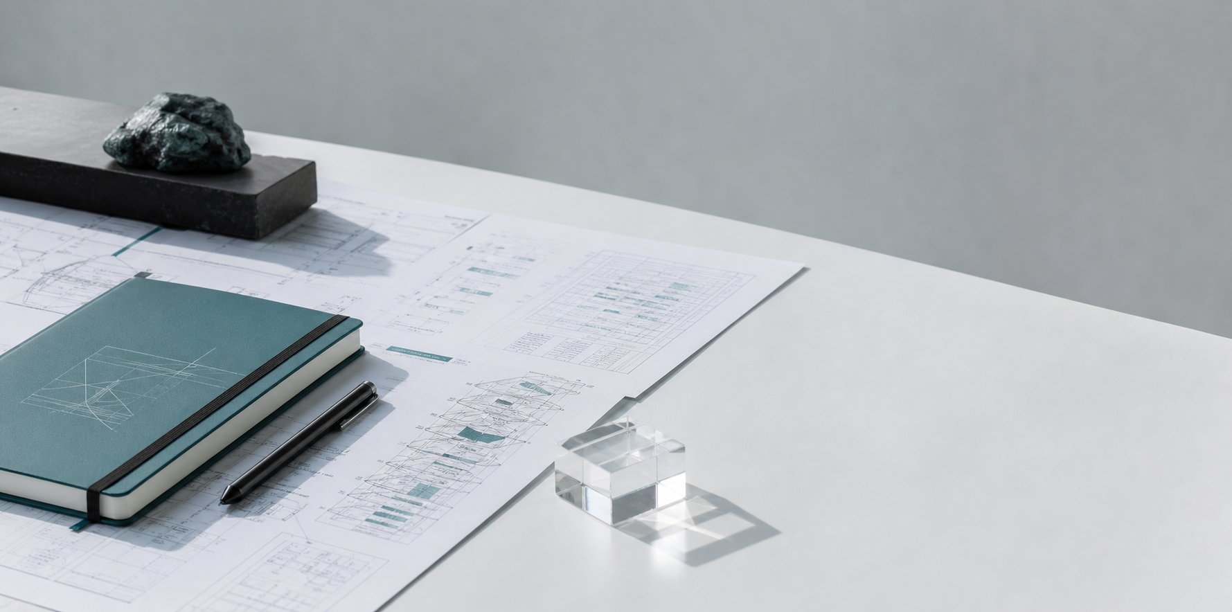 Documentos de arquitectura y libreta azul sobre una mesa de trabajo
